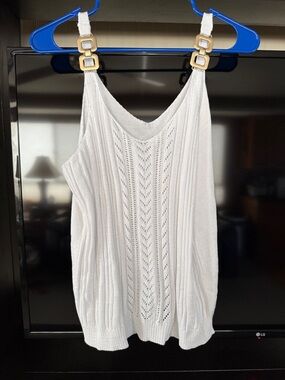 White Knit Sleeveless Tank Top with Decorative Straps